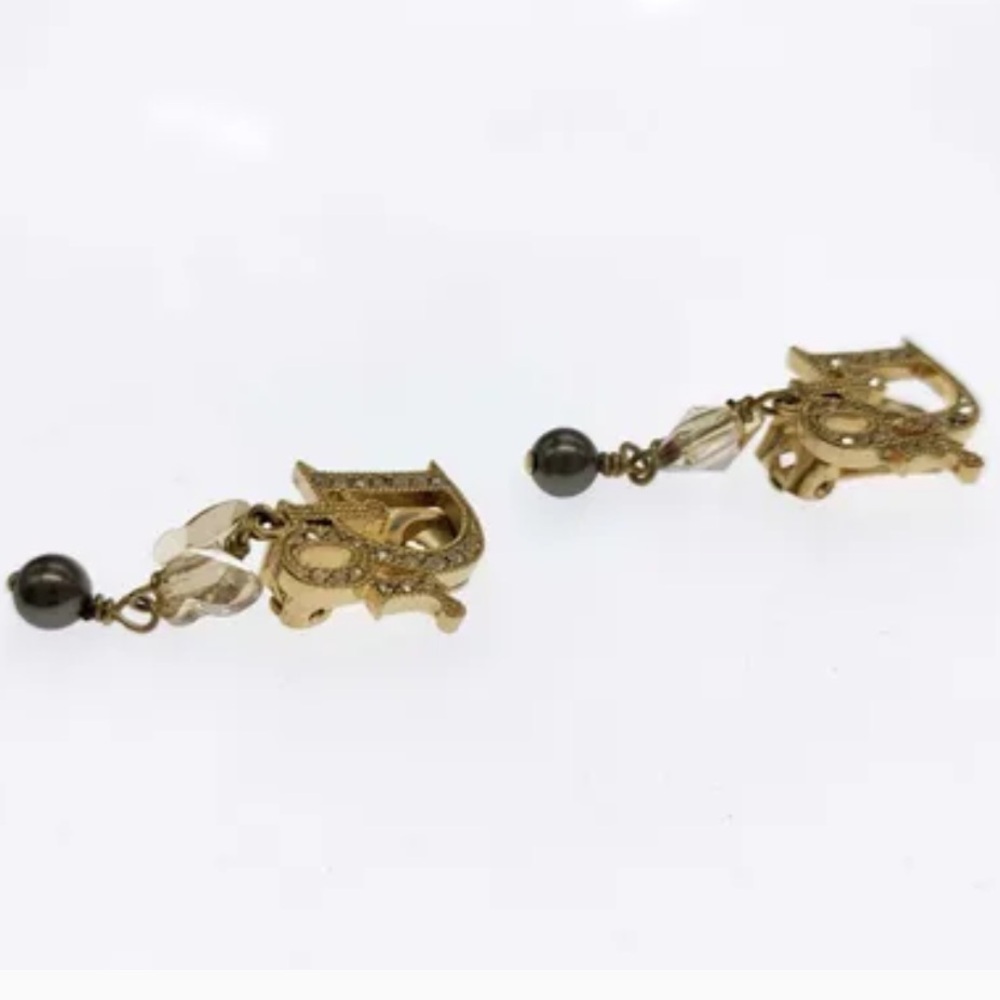 Dior Logo Gold Rhinestone Earrings - Picture 4 of 10